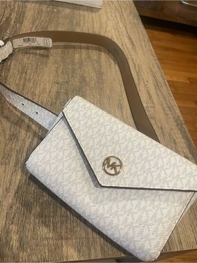 Michael Kors White Monogram Mini Belt Bag with Gold MK Medallion